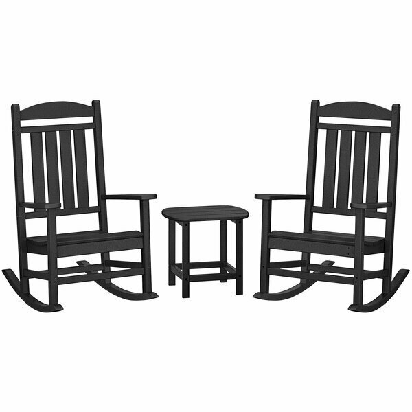 Polywood Presidential Black Patio Set with South Beach Side Table and 2 Rocking Chairs 633PWS1661BL